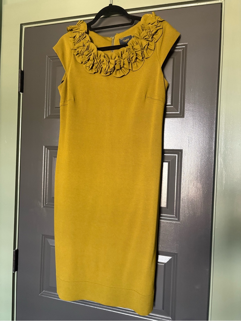 Just...Taylor Mustard Sleeveless Sheath Dress with Ruffled Floral Neckline